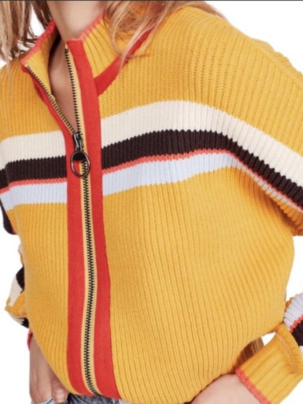 Free People "Ready Set Go" Striped Zip-Up Knit Sweater - Size Small